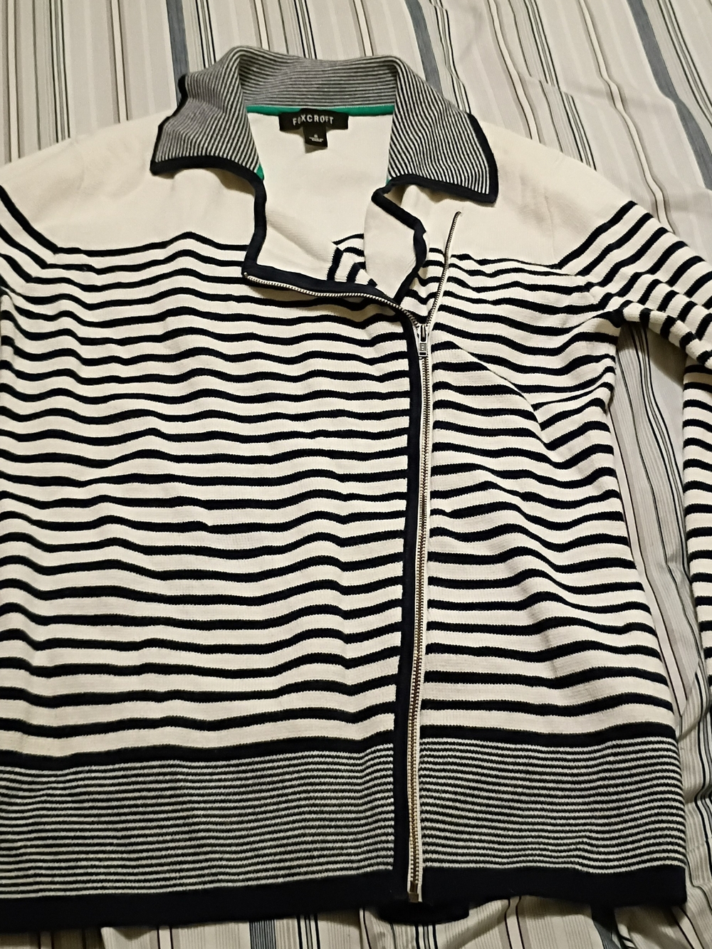 Foxcroft Black and White Striped Zip-Front Jean Jacket